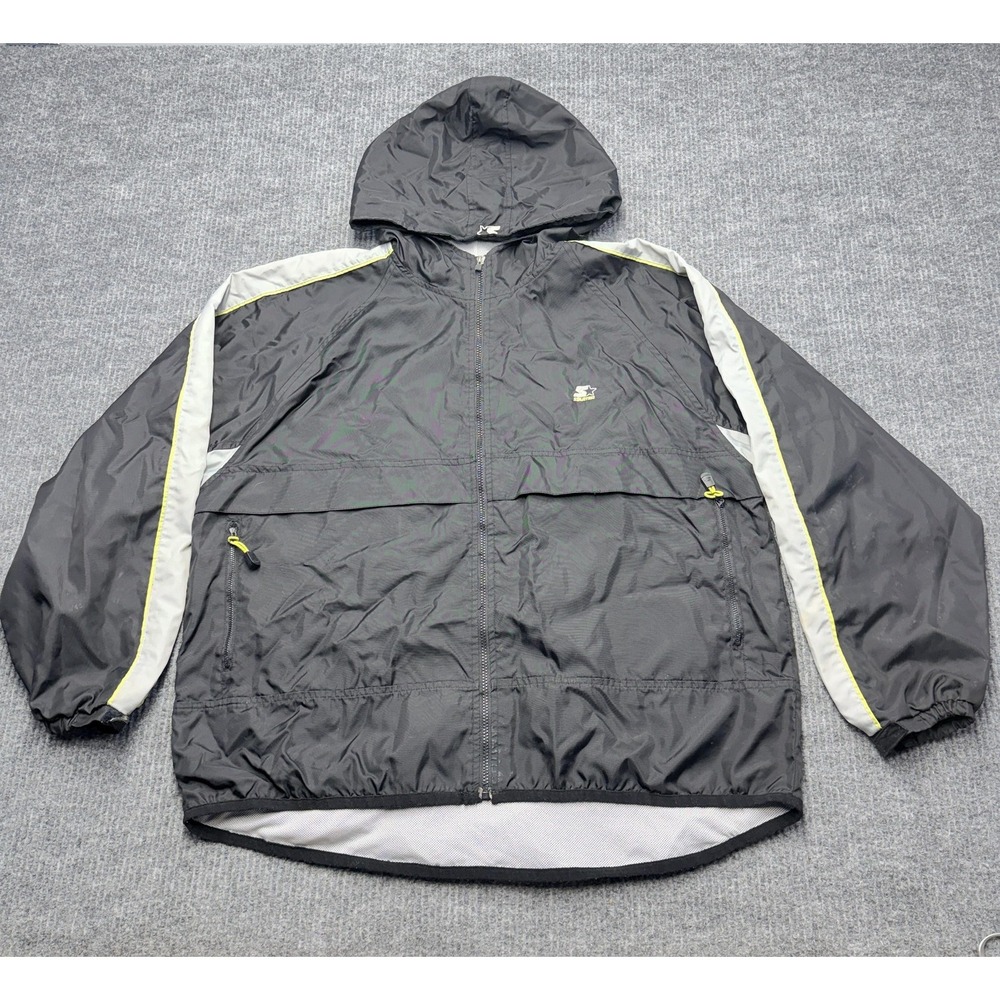 Starter Jacket Mens XL Black Hooded Full Zip Windbreaker Mesh Lined Lightweight
